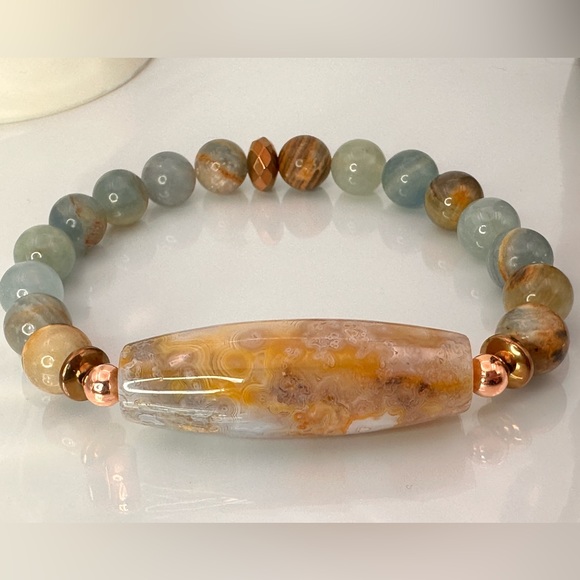 LEMURIAN AQUATINE + OCEAN JASPER NATURAL STONES BRACELET size 8” - Picture 3 of 9